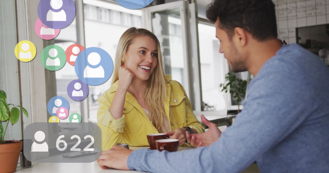 Engaged Couple Interacting Amidst Digital Social Media Concepts