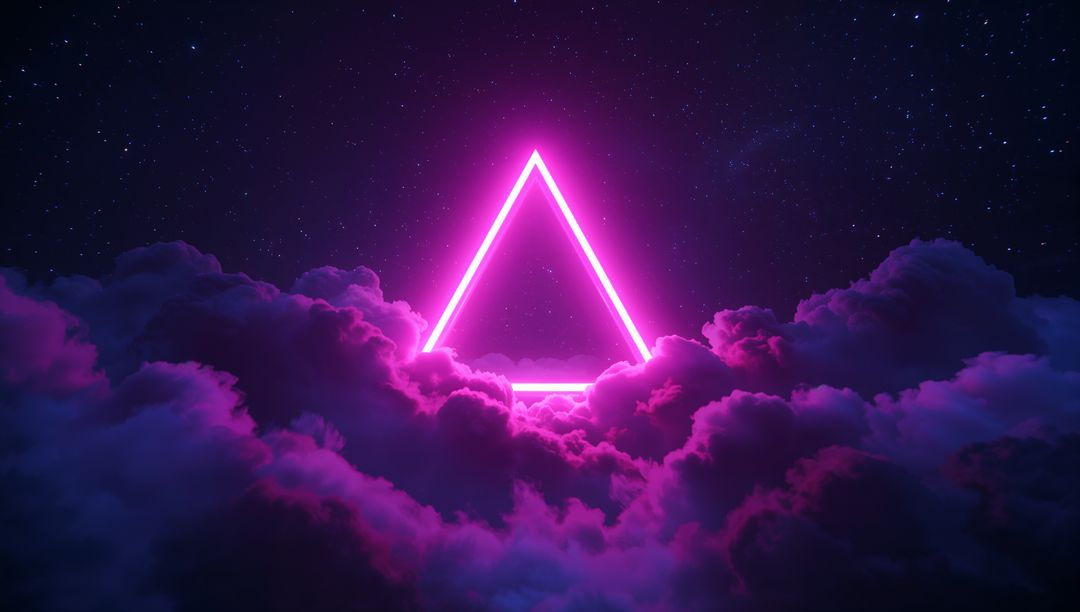 Neon Triangle Above Clouds Illuminating Starry Night Sky
