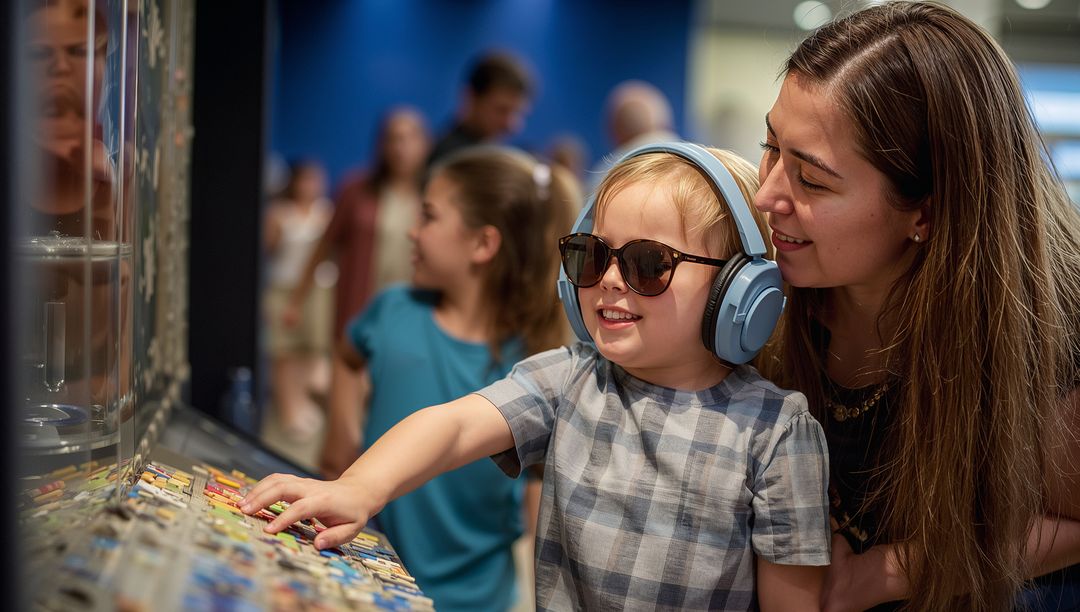 Child with Headphones Exploring Museum Exhibit with Parent