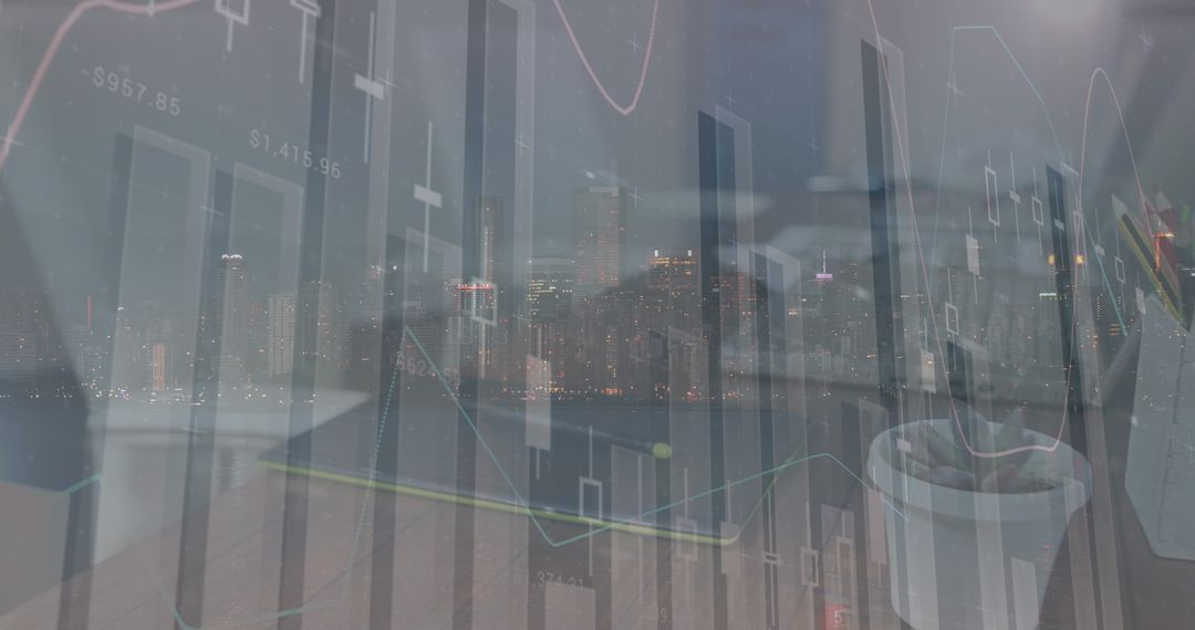 Digital Financial Data Overlaying Cityscape and Empty Office
