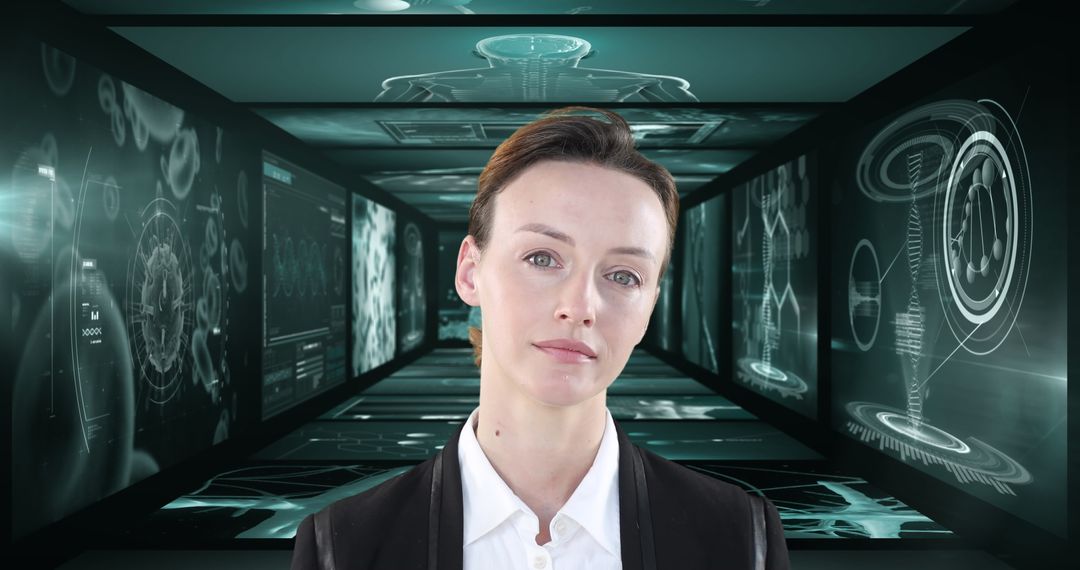 Businesswoman in Futuristic Data Processing Environment