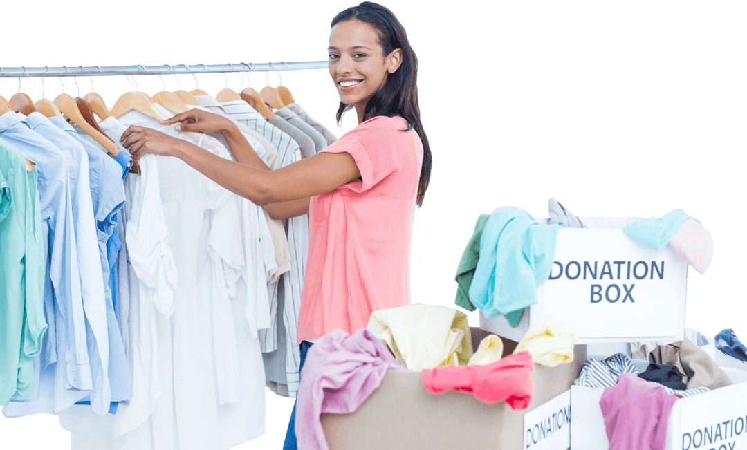 Smiling Woman Packing Clothes into Donation Boxes on Transparent Background