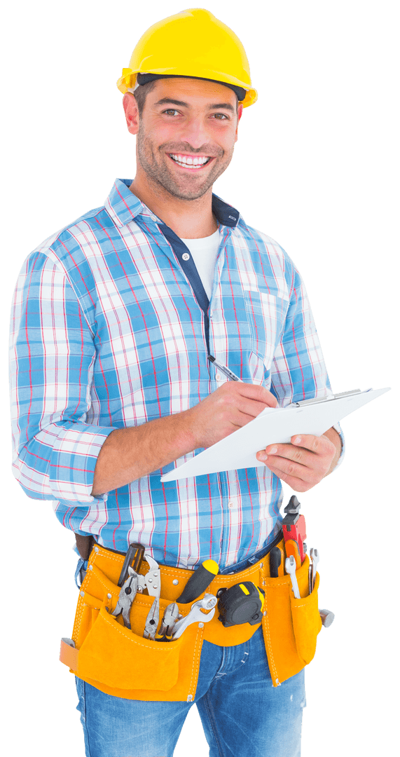 Cheerful Handyman Taking Notes on Clipboard Transparent Background
