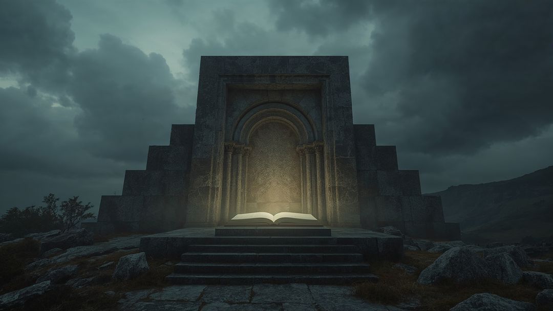 Glowing Book on Ancient Staircase in Mysterious Stone Ruin