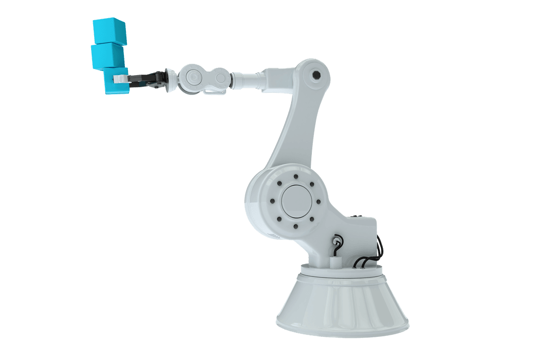 Transparent Robotic Arm Holding Stacked Blue Boxes