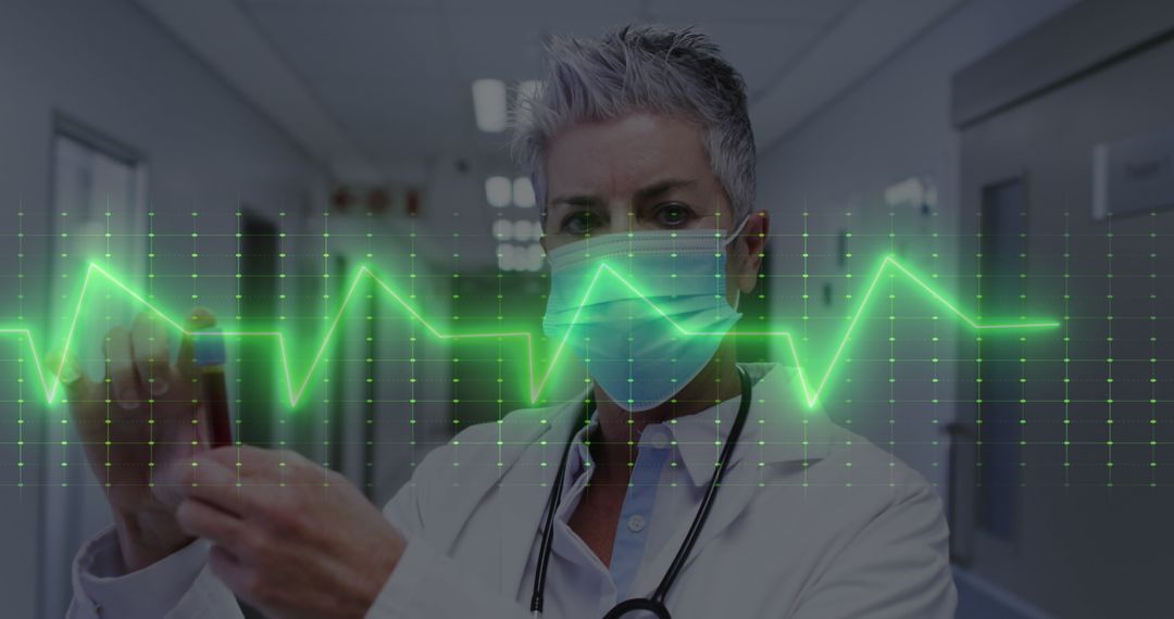 Doctor Wearing Mask Analyzing Medical Data with Heart Rate Overlay