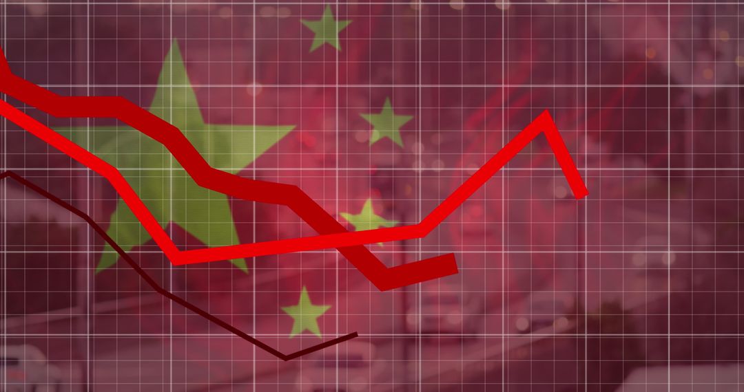 China Flag with Declining Stock Market Graph