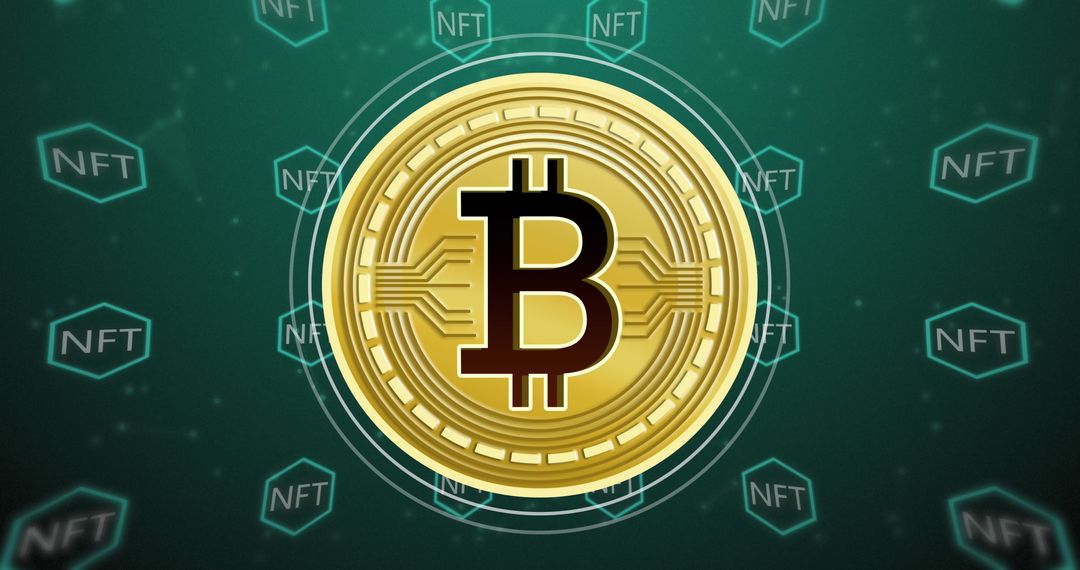 Bitcoin Symbol on Green Background with NFTs