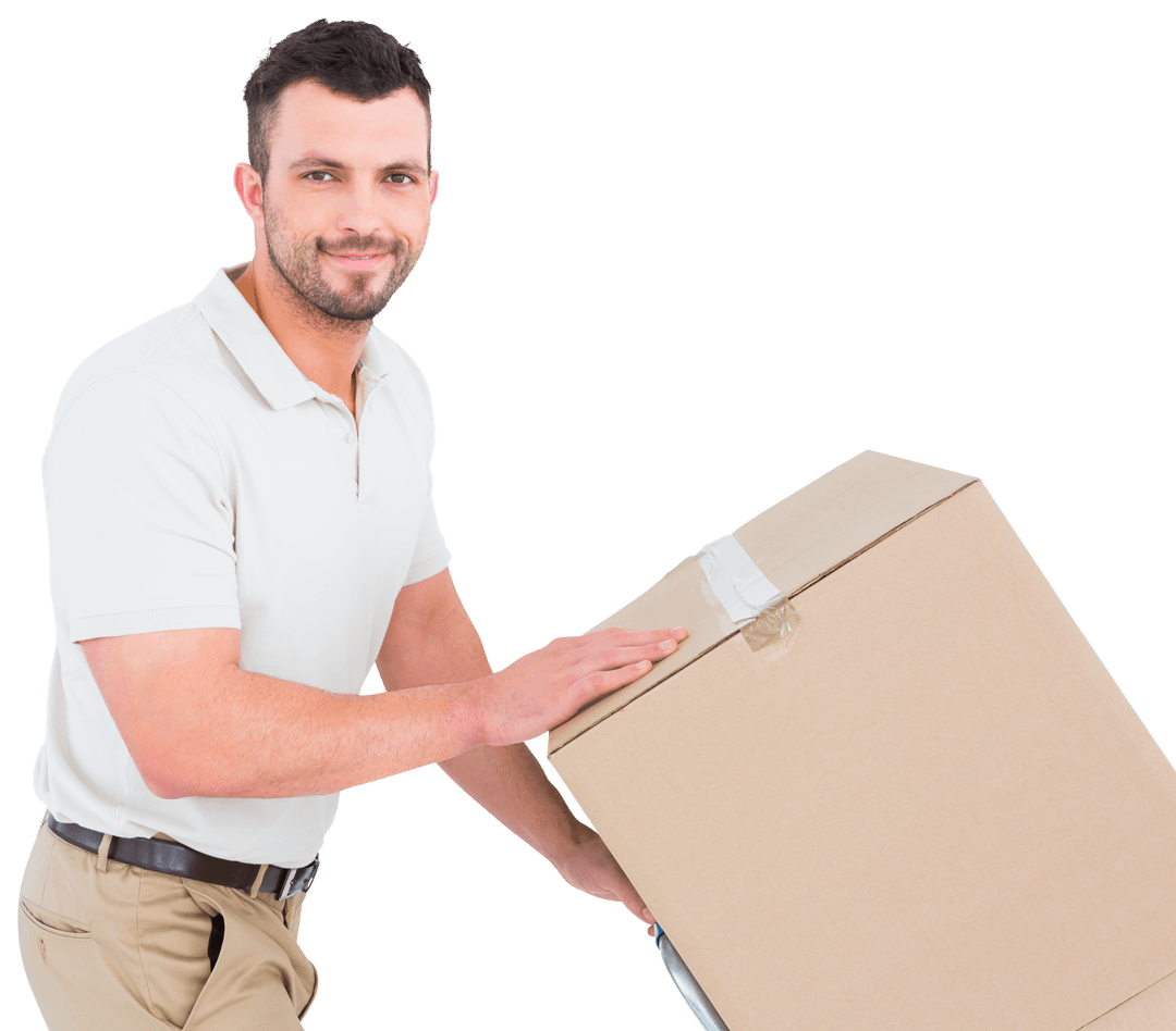 Smiling Delivery Man Pushing Large Box on Transparent Background