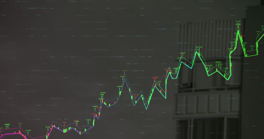 Financial Data Charts Displayed Over Skyscraper Reflection
