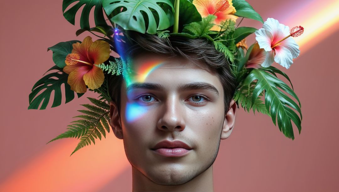 Surreal Artistic Portrait with Tropical Leaf and Floral Headwear