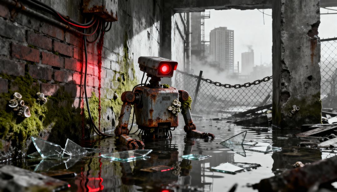 Rusted Surveillance Robot Scanning Flooded Abandoned Warehouse with Red Sensor Reflection