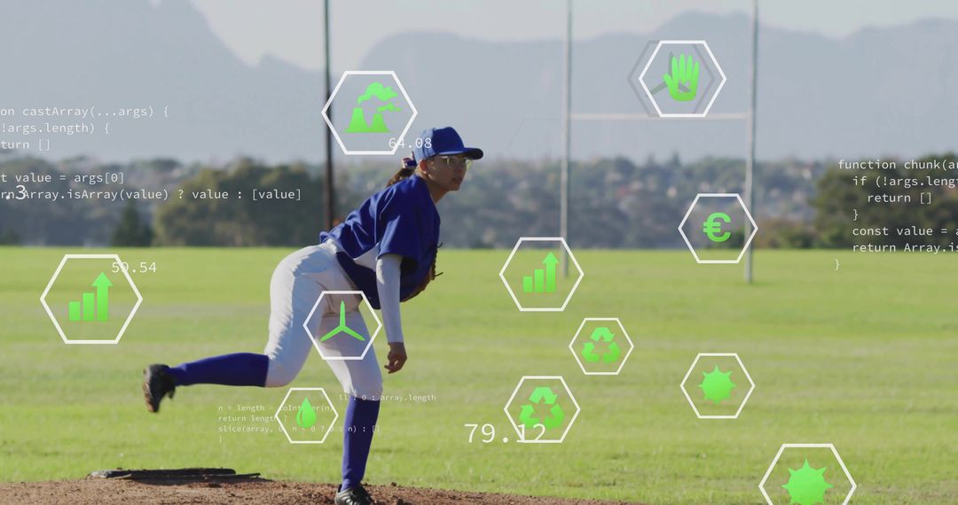 Female Baseball Pitcher in Action with Digital Data Overlays
