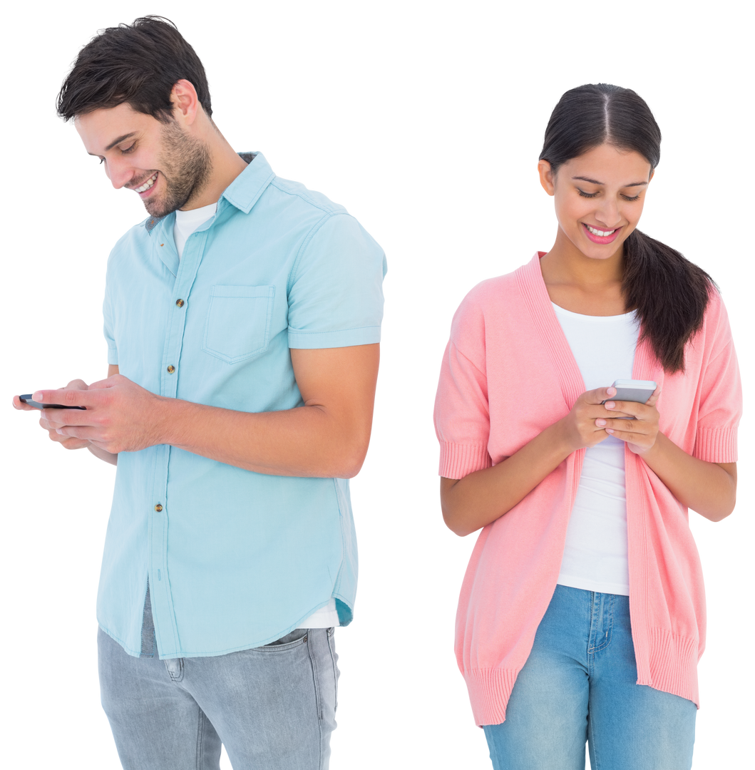 Smiling Young Couple Engaged with Smartphones Transparent - Download Free Stock Images Pikwizard.com