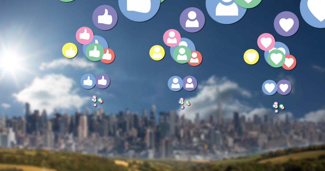 Social Media Icons in Sky Over Bustling City