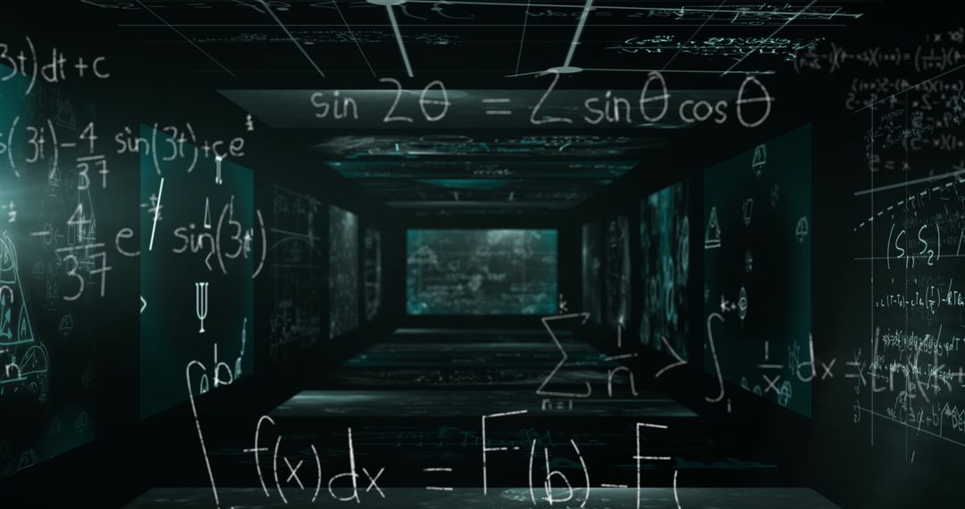 Futuristic Tunnel with Floating Mathematical Equations
