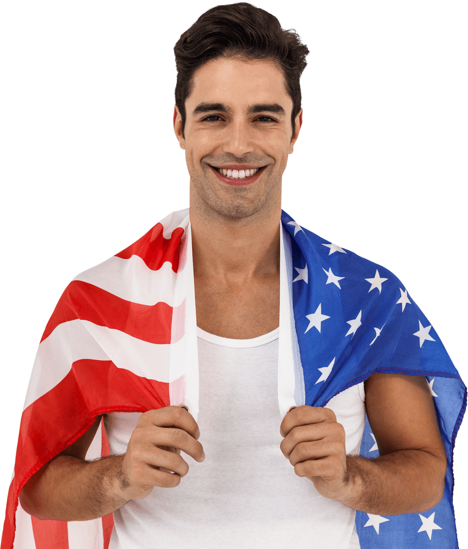 Smiling Young Man Draping American Flag on Transparent Background
