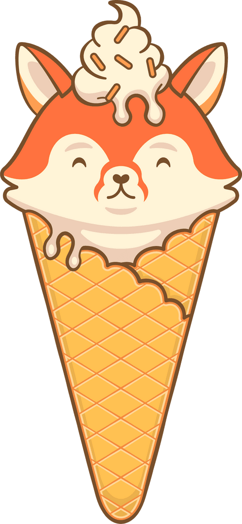 Flat Fox Waffle Cone Illustration with Cream Swirl on Transparent Background