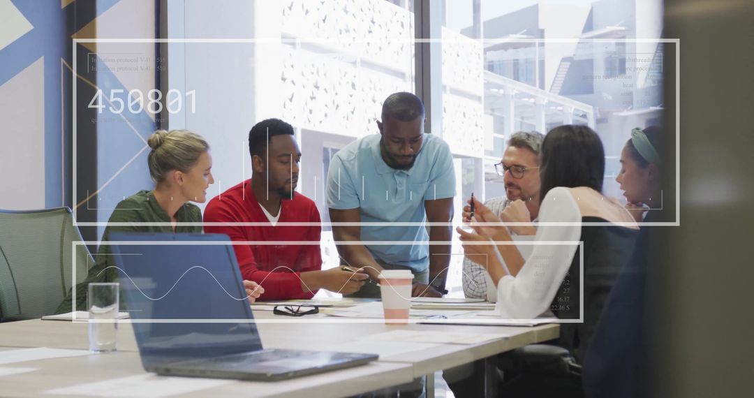 Diverse Business Team Collaborating in Modern Office with Financial Data Overlay