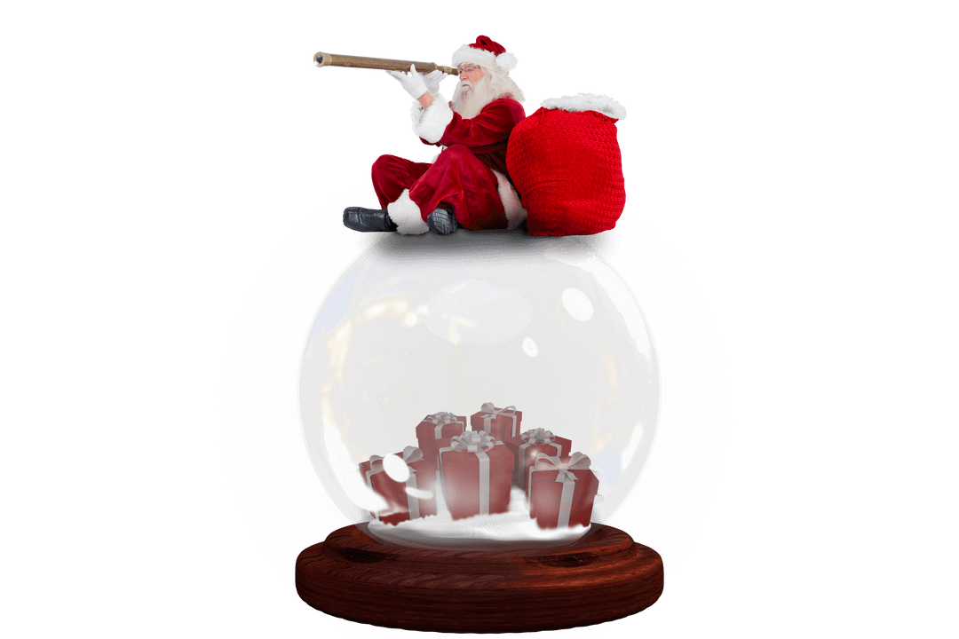Transparent Snow Globe with Santa Holding Telescope on Top