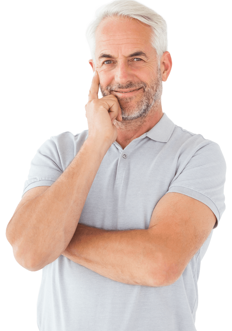 Smiling Senior Caucasian Man Thinking Hand on Face Transparent Background