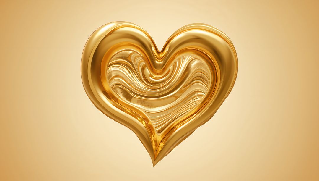 Floating glossy gold heart with marbled metallic swirl on soft gradient background