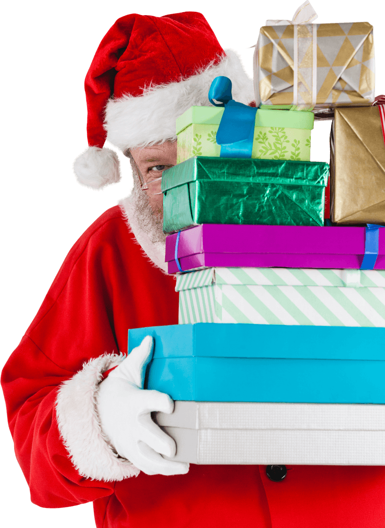 Transparent Santa Claus Hiding Playfully Behind Gift Stack