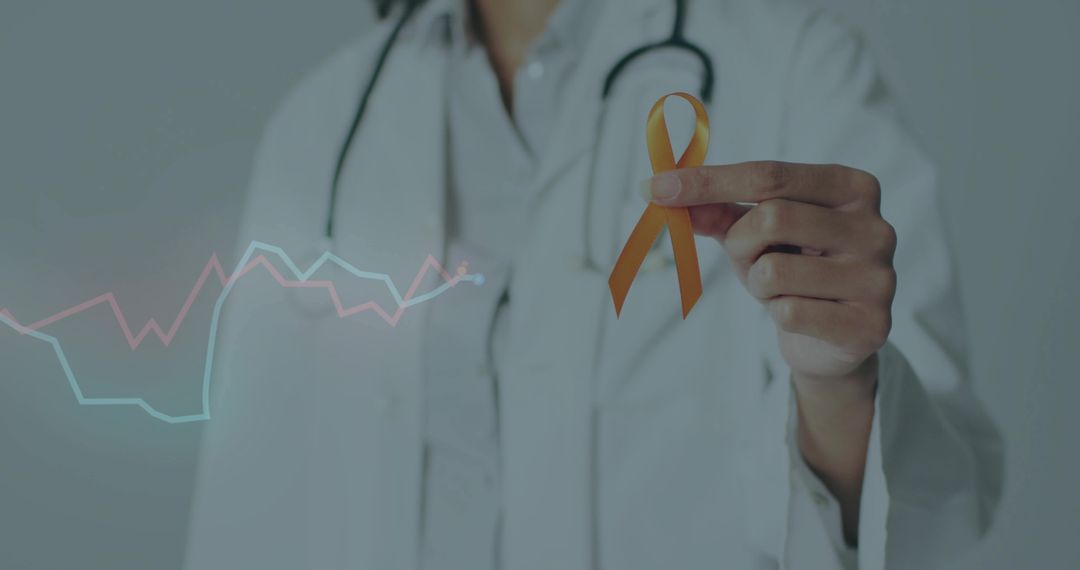 Doctor Holding Orange Awareness Ribbon with Data Graphs in Background
