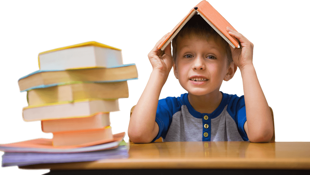 Adorable Boy with Book on Head at School