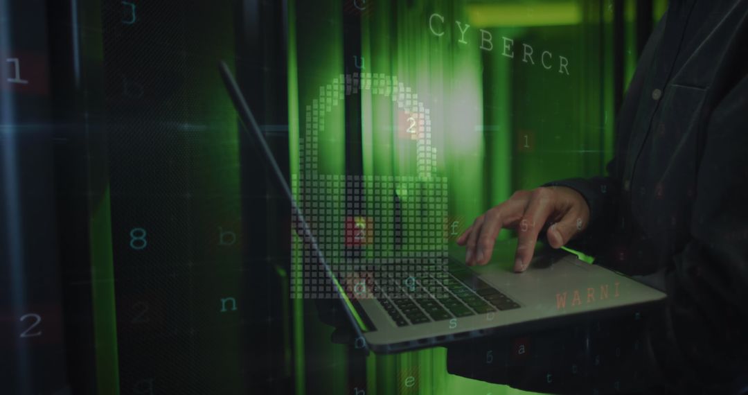 Asian Man Using Laptop with Digital Data Cloud Overlay