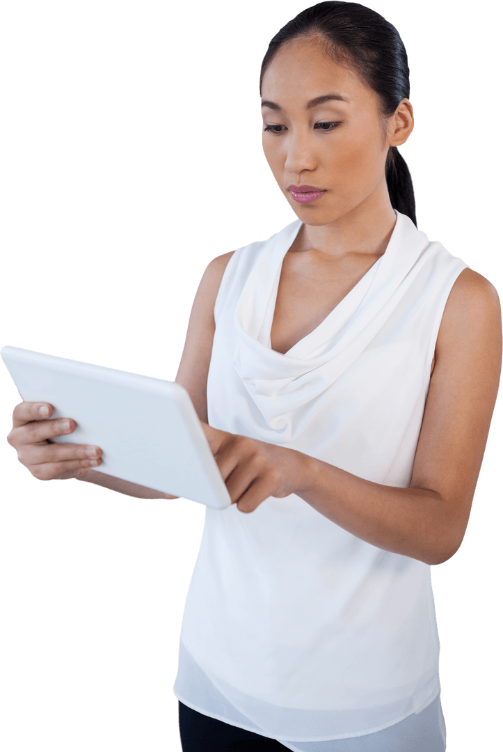 Young Professional Woman Engaging with Transparent Digital Tablet