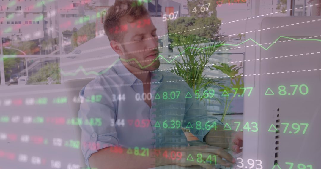 Image of stock market data processing against thoughtful caucasian man using a laptop - Free Images, Stock Photos and Pictures on Pikwizard.com