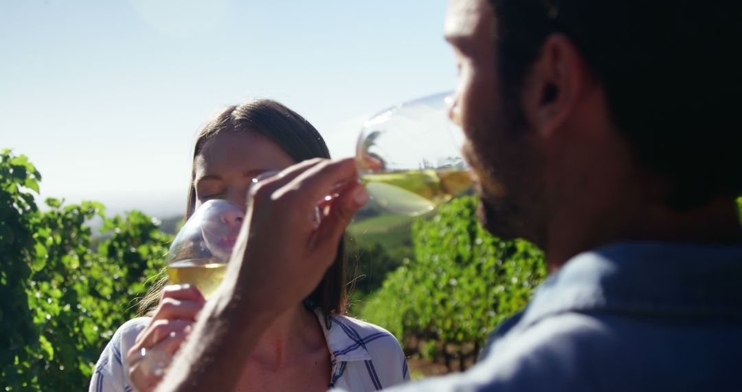 Couple Enjoying Wine Tasting in Green Vineyard