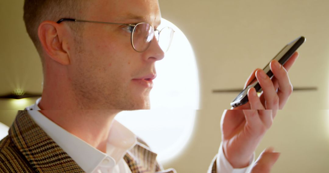 Businessperson Using Smartphone During Flight, Wearing Glasses - Free Images, Stock Photos and Pictures on Pikwizard.com