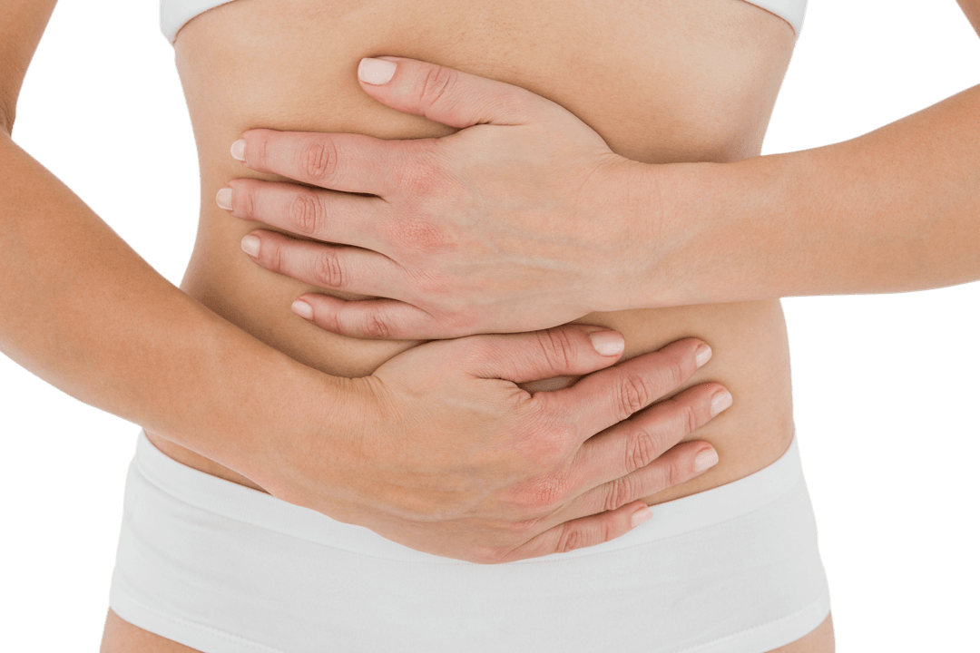 Transparent Image of Woman Holding Stomach in Pain
