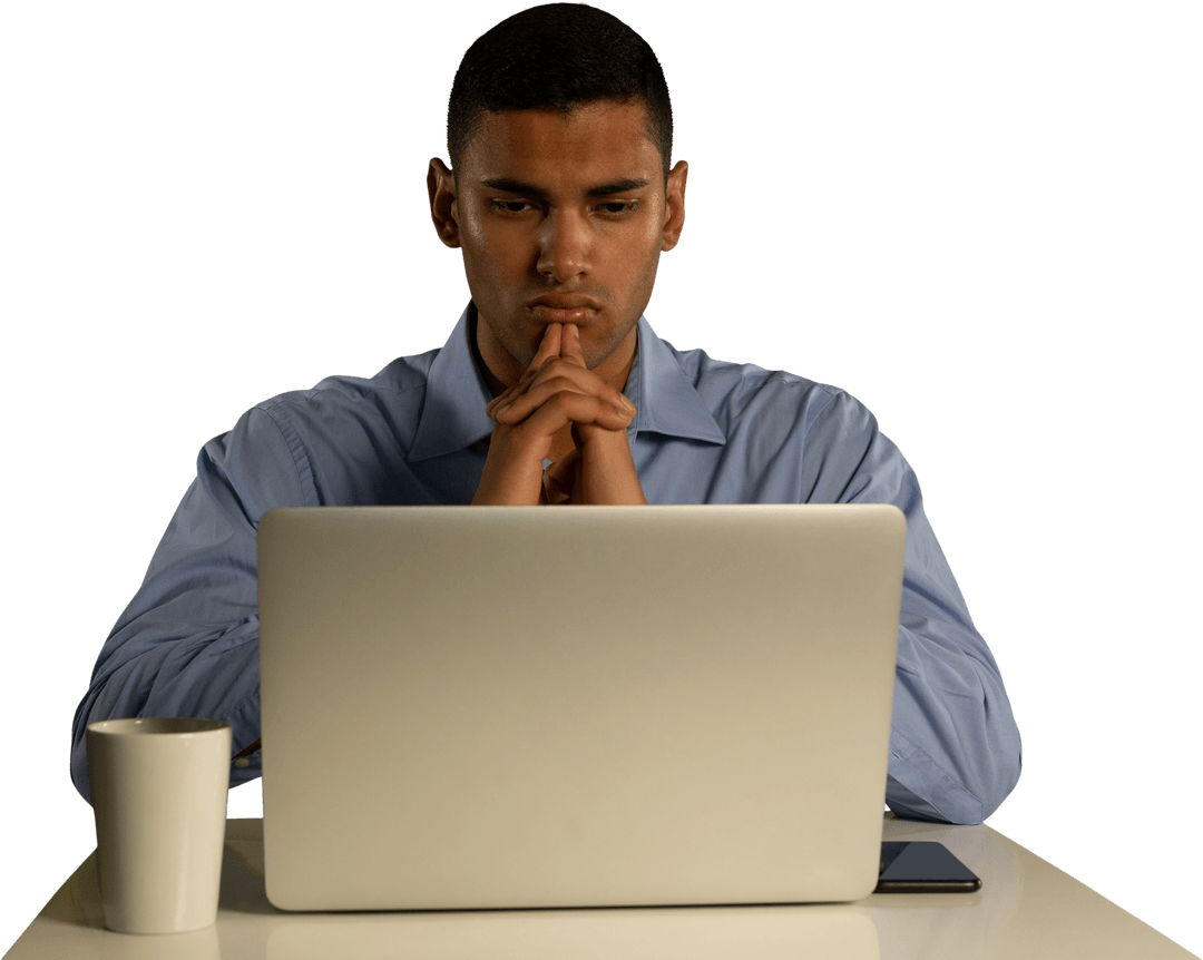 Thoughtful Professional Working on Laptop with Transparent Background