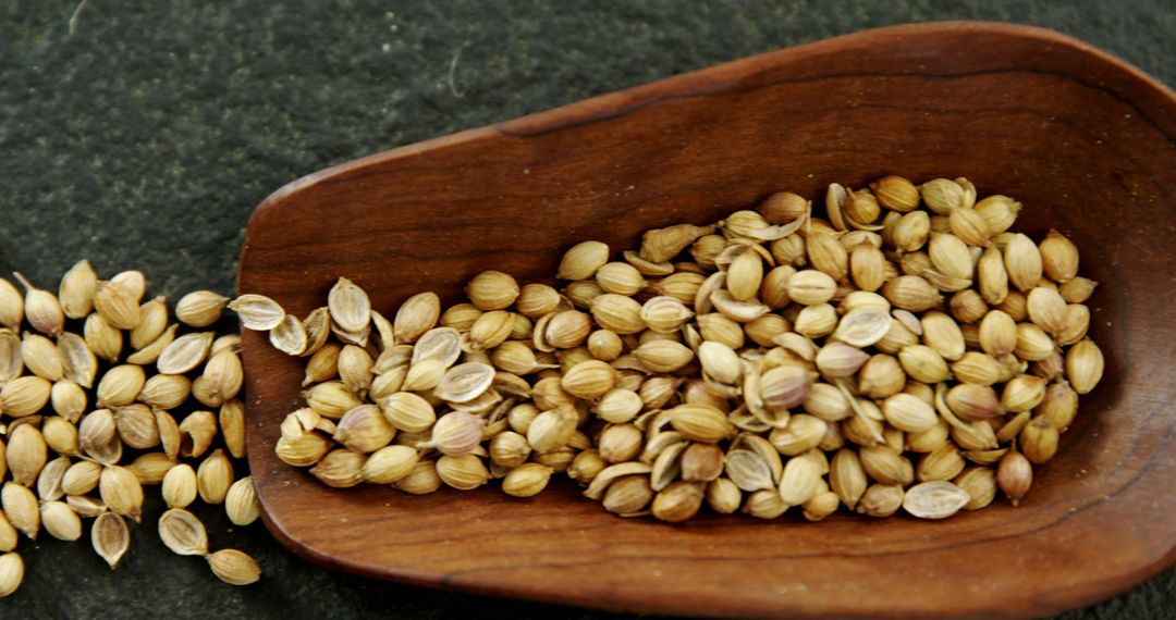A wooden bowl holds a pile of dried coriander seeds on a dark surface, with copy space - Free Images, Stock Photos and Pictures on Pikwizard.com