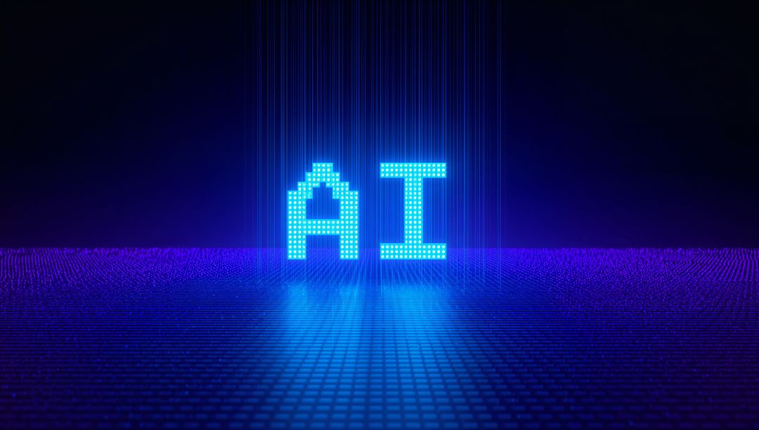 Glowing Pixelated AI Letters Hovering Over Neon Holographic Grid for Tech Branding