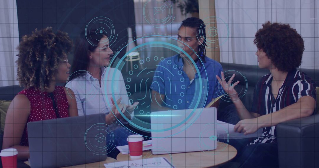 Coworkers in Office Discussing Digital Fingerprint Interface