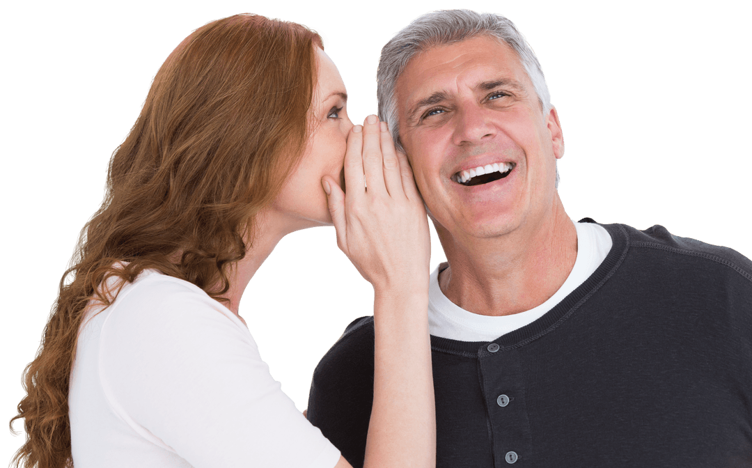 Woman Whispering Secret Behind Smiling Partner on Transparent Background