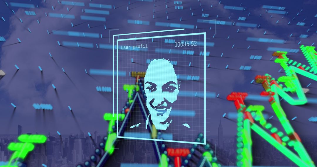 Futuristic Face Recognition with Digital Interface Over Cityscape