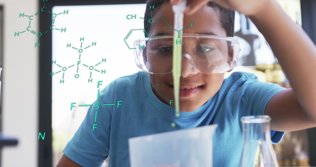 Child Conducting Chemistry Experiment with Protective Goggles in Lab