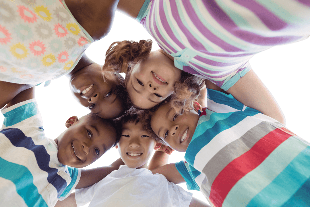 Transparent Smiling Children in Diverse Circle Huddle