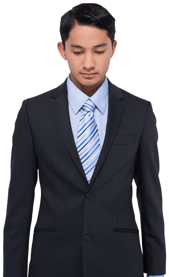 Asian Businessman in Suit Looking Down on Transparent Background