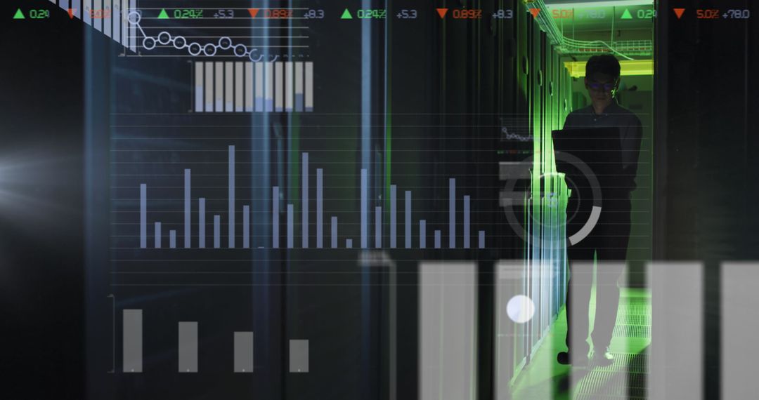 Engineer Analyzing Data in High-Tech Server Room