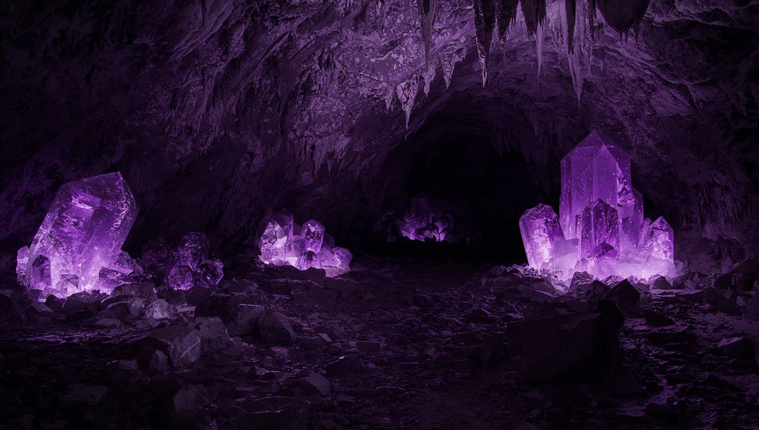 Glowing purple crystal cavern casting ethereal violet light with giant amethyst clusters
