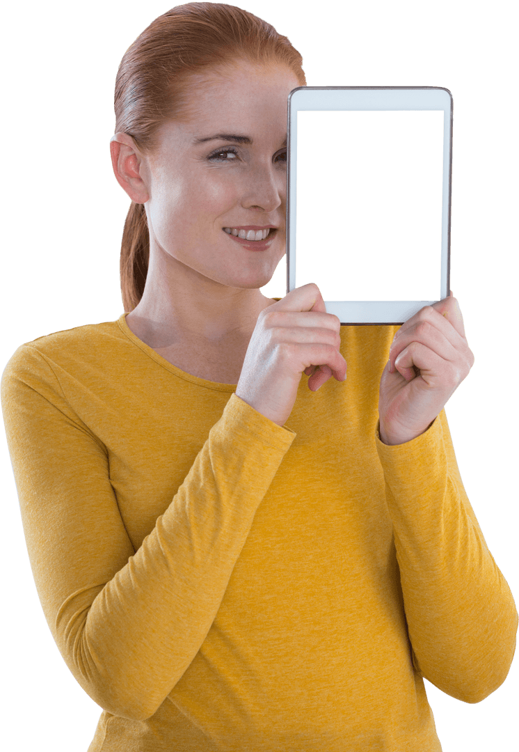 Smiling Woman Holding Digital Tablet with Transparent Screen