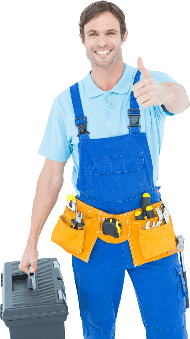 Smiling Transparent Carpenter Holding Toolbox with Thumbs Up