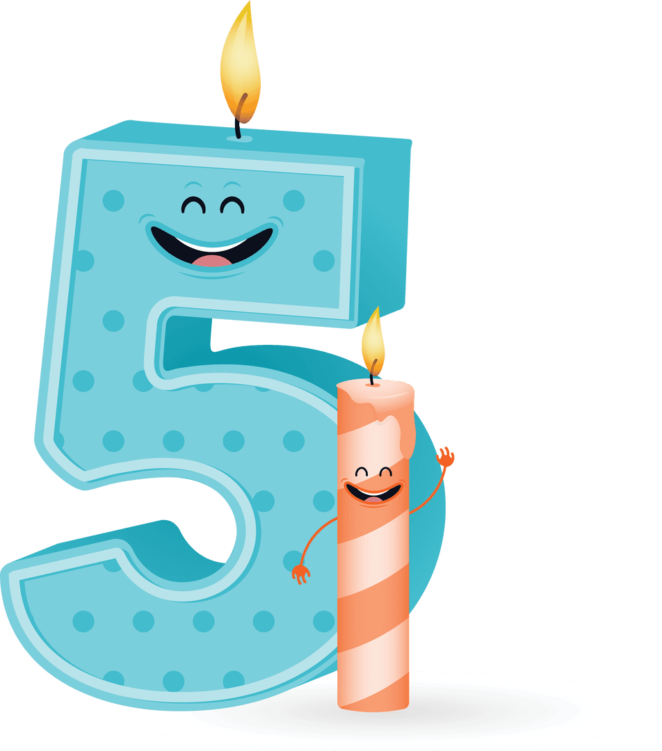 Happy Blue Five Birthday Candle Illustration on Transparent Background
