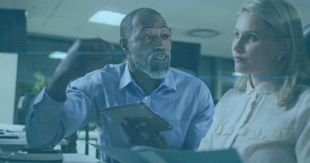 Diverse Professionals Collaborating with Digital Data Overlay